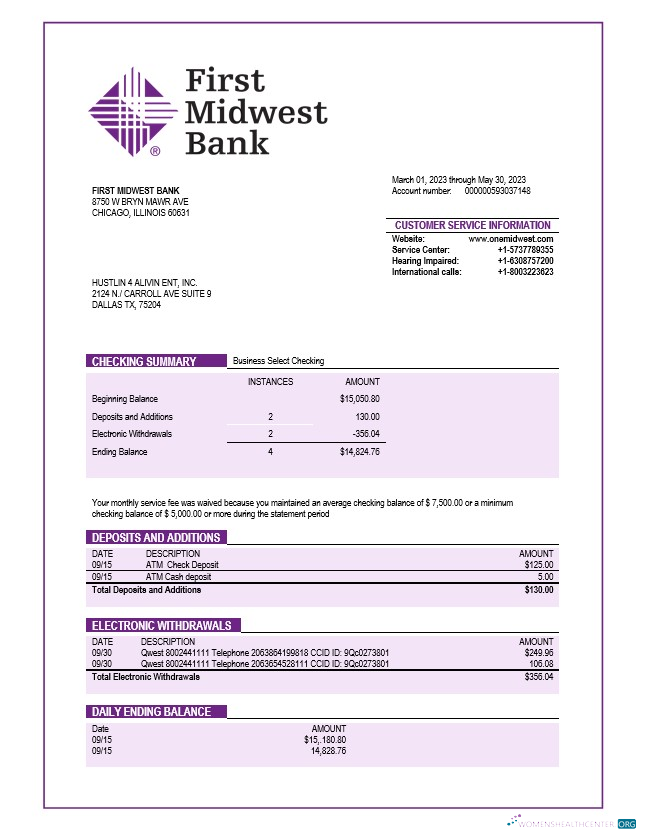 Download First Midwest Bank company account statement Word and PDF template Photoshop template